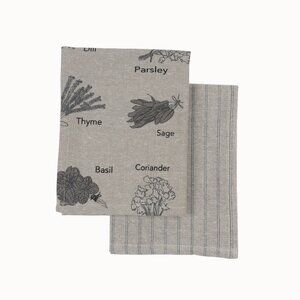 One set of 2 Tea Towels and Two Pot Holders /Trivets Herbs Print-Charcoal